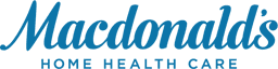 Logo reading "Macdonald's" in large blue script font, with "HOME HEALTHCARE" in smaller blue uppercase letters below. The background is light grey.